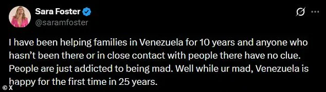 Music Heiress Sara Foster Endorses Trump's Venezuela Operation, Calls Critics 'Addicted to Being Mad'