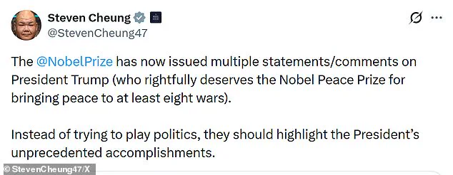 White House Condemns Nobel Foundation Over Alleged Oversight of Trump's Foreign Policy Triumphs